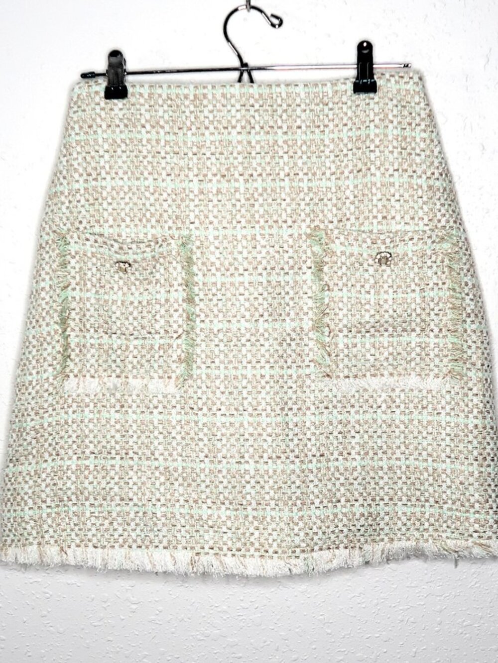 Urban Revivo Light Green Beige Metallic Tweed Frayed Hem Mini Skirt